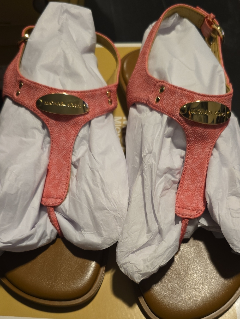 Michael Kors MK Plate Mandy Thong Leather Smokey Rose Sandals NIB